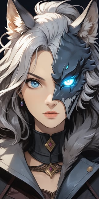 (masterpiece, high quality, 8K, high_res), merge ink drawning and anime style, Portrait of a silver-haired girl in a steel wolf mask, glowing blue eyes, muted background, reflection of silver, dark tones, aesthetic, thriller, modern, truly artwork, trending on artstation, perfect, influence of the novel The Count of Monte Cristo, veneagance story,portraitart,Leonardo Style