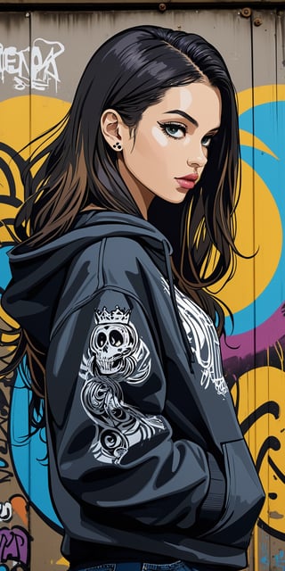 (masterpiece, high quality, 8K, high_res), 
abstract surreal portrait in graffiti style of beautiful woman, her appearance should interpritated as the Darkness, the Queen of Nightmare, stands half a turn, side view, her clothing should combine urban style \oversized hoodie, jeans, sneackers\ and gothic elements \dark colors,  intricate patches\, inspired by Tatyana Fazlalizadeh's works, reflects independence, courage and beauty, ultra detailed, sharp focus, countur, clear boundaries,artint,graffitiXL