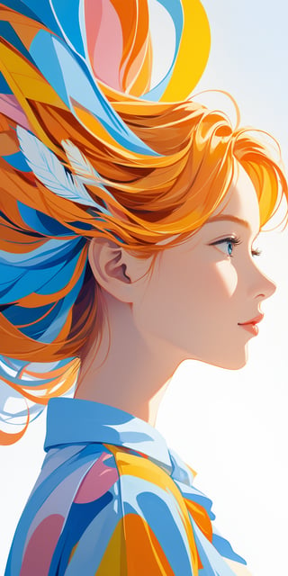 (masterpiece, high quality, 8K, high_res), abtract picture, summer mood, lightness and fun, portrait of side view, incredibly beautiful young woman, ginger hair, dress associated with summer, surreal background, symbolism, bright and colorful, excellent colors combinated, merge the brightness and acrtuality of pop art style and the semantic load of postmodernism