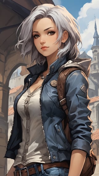 highly detailed illustration in anime style, rpg style, beautiful young woman, 20 years old, metallic silver hair, casual shirt, leather jacket, jeans, boots, ultra detailed face, (very detailed hair), rebels shelter background, fusion of final fantasy videogame and dungeon & dragons realm, high contrast, flat colors, cel shaded, by Richard Anderson,Magical Fantasy style,3d toon style,portraitart