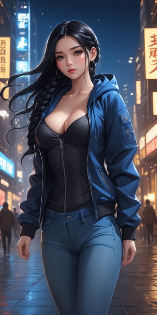 1 young woman, beautiful and attractive and seductive, high detailed jacket with hood, hood on the head, bra under the hood, jeans, dynamic pose, black hair with braid, pale orihalk eyes, dark colors. high contrast, detailed night city background, masterpiece, high quality, (((4K))), fushion of cartoon and korean comic styles, influence by the best comic artists, by badabum27,ULTIMATE LOGO MAKER [XL],LOGO,Decora_SWstyle