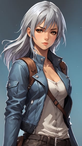 highly detailed illustration in anime style, rpg style, beautiful young woman, 20 years old, metallic silver hair, casual shirt, leather jacket, jeans, boots, ultra detailed face, (very detailed hair), rebels shelter background, fusion of final fantasy videogame and dungeon & dragons realm, high contrast, flat colors, cel shaded, by Richard Anderson,Magical Fantasy style,3d toon style,portraitart