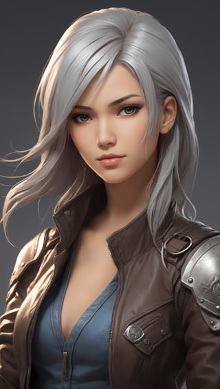 highly detailed illustration in anime style, rpg style, beautiful young woman, 20 years old, metallic silver hair, casual shirt, leather jacket, jeans, boots, ultra detailed face, (very detailed hair), rebels shelter background, fusion of final fantasy videogame and dungeon & dragons realm, high contrast, flat colors, cel shaded, by Richard Anderson,Magical Fantasy style,3d toon style,portraitart