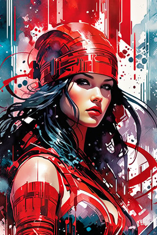 Elektra, Marvel Comics, red ornaments, sci fi, highly technology, iconographic, glitch background, , watercolor, ink, mist, interactive image, highly detailed, art style by Clayton Crain + Ross Tran + Rachel Walpole + Jeszika Le Vye + Dan Volbert + Simon Stalenhag + Brian Stelfreeze