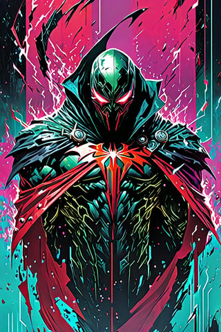 Spawn, Image Comics, sci fi, highly technology, iconographic, glitch background, interactive image, highly detailed, art style by Clayton Crain + Ross Tran + Rachel Walpole + Jeszika Le Vye + Dan Volbert + Simon Stalenhag + Brian Stelfreeze