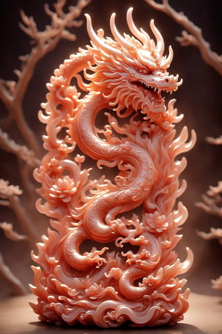 wood masterpiece depicting a Chinese dragon in hell, red color