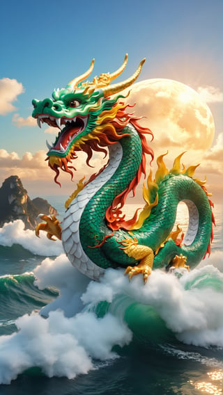 ,A Chinese_color_dragon_gods,<only one head, only two eyes:1.9>, flies to the sea, masterpiece, official art is extremely exquisite, CG unified 8k wallpaper, colorful light, gorgeous morning light, distant Jinshan, soaring in the clouds, vast sea, (turbulence: 1.2), the sea shines with colorful light, dazzling light, Chinese mythology, sea, the rising sun, constitutes an intoxicating, no humans,chinese dragon, cloud, sky, ((masterpiece, best quality)), magnificent, uhd image, best quality, 8k resolution, dynamic pose, uniform body,(jade:1.1),bailing_eastern dragon,(jade Sculpture:1.1), real person, the king of chinese dragon, petals flying all over the sky
