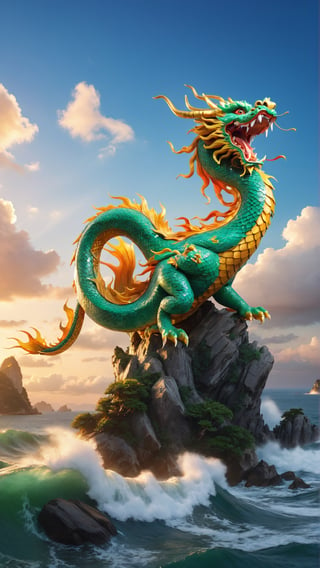 ,A Chinese_color_dragon_gods,<only one head, only two eyes:1.9>, flies to the sea, masterpiece, official art is extremely exquisite, CG unified 8k wallpaper, colorful light, gorgeous morning light, distant Jinshan, soaring in the clouds, vast sea, (turbulence: 1.2), the sea shines with colorful light, dazzling light, Chinese mythology, sea, the rising sun, constitutes an intoxicating, no humans,chinese dragon, cloud, sky, ((masterpiece, best quality)), magnificent, uhd image, best quality, 8k resolution, dynamic pose, uniform body,(jade:1.1),bailing_eastern dragon,(jade Sculpture:1.1), real person, the king of chinese dragon, petals flying all over the sky
