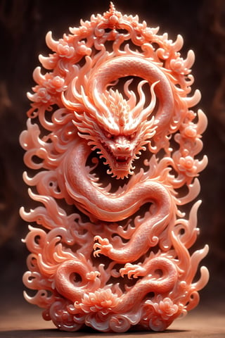 wood masterpiece depicting a Chinese dragon in hell, red color