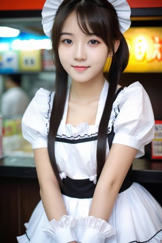 {{Beautiful and detailed eyes}, Detailed face, detailed eyes, slender face, real hands, cute Korean girlfriend 17 year old girl, perfect model body, looking at camera, sad smile, dynamic pose, white and black maid outfit, Akiba Maid Cafe , Akihabara, medium breasts, cosmetics advertising model, girlfriend girl is walking,
