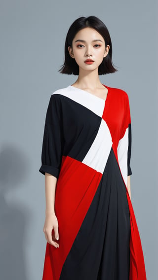 contrast,The girl is black and red,1girl,color patches,(Masterpiece, high quality, best quality, official art, beauty and aesthetics:1.2),color block background,concept clothing,garment draping,
,more detail XL