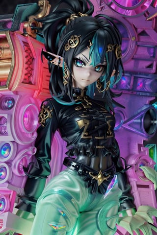 anime-doll age21,doll-joints,half-punk-hair,sly-opal-anime-eyes,smug,blushing,slender-body,elf-punk, holographic-image,gilded opal,source lighting,radial lighting,intricate, ornate, elegant,sunray-illumination,3D,Goth