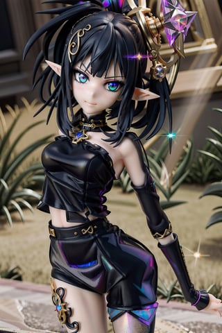 anime-doll age21,doll-joints,half-punk-hair,sly-opal-anime-eyes,smug,blushing,slender-body,elf-punk, holographic-image,gilded opal,source lighting,radial lighting,intricate, ornate, elegant,sunray-illumination,3D,Goth