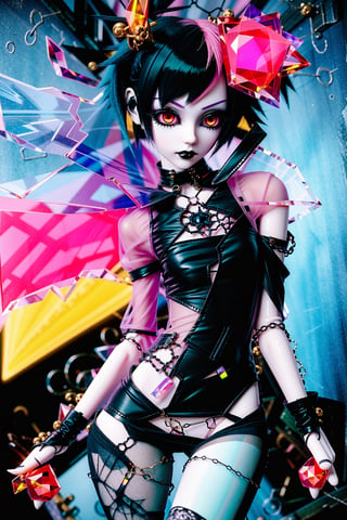 1girl,doll-joints,half-punk-hair,sly-opal-anime-eyes,smug,alluring-slender-body,slut-punk,gothic,flat opal,sheer-translucent-transparent-clothing,source lighting,radial lighting,intricate, ornate, elegant,sunray-illumination,3D,Goth