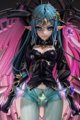 anime-doll age21,doll-joints,half-punk-hair,sly-opal-anime-eyes,smug,blushing,slender-body,elf-punk, holographic-image,gilded opal,source lighting,radial lighting,intricate, ornate, elegant,sunray-illumination,3D,Goth