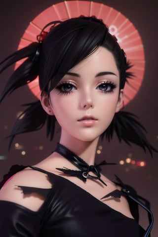 realistic photography,anime doll,punk-hair,sad anime-eyes,smug,slim-body,curvy hips,tattered-torn-punk-capelet-wing,doll-joints,80's-style glamour-shot,realistic photograph, source lighting, rim lighting, radial lighting,color-boost,intricate, ornate, elegant and refined,glowing-illumination,3D,Goth