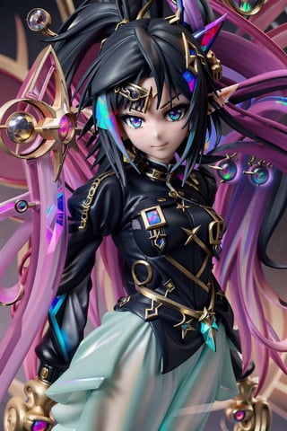 anime-doll age21,doll-joints,half-punk-hair,sly-opal-anime-eyes,smug,blushing,slender-body,elf-punk, holographic-image,gilded opal,source lighting,radial lighting,intricate, ornate, elegant,sunray-illumination,3D,Goth