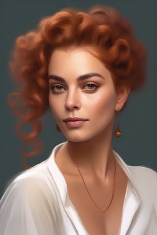 Digital art painting of a beautiful young woman with curly copper hair in an updo. She is wearing a low white blouse. Detailed feminine face looking at the camera.