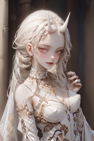 Aesthetics art,official art,big breasts,
(full body),(long intricate horns:1.2) ,albino Carved porcelain cyborg demons girl, Pure white long Pigtail hair,different full body modelposition with enchantingly beautiful, alabaster skin, A benevolent smile,girl has Beautiful deep red eyes,soft expression,Depth and Dimension in the Pupils, Her porcelain-like white cyborg skin reflects an almost celestial glow,
Wearing medieval Arabian dress with a white theme,The gown is crafted from luxurious white fabrics, adorned with intricate golden embroidery that weaves across the bodice and sleeves,modest yet elegant necklace, featuring delicate white lace that adds a touch of refinement,real_booster,aesthetic portrait,kafka