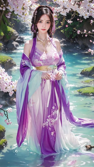 (masterpiece, top quality, best quality, official art, beautiful and aesthetic:1.2),((big natural breasts)), (1girl), extreme detailed,(abstract, fractal art:1.3),highest detailed, ((half body view)),detailed_eyes, light_particles, hanfu,jewelry, sexy, ,purple,cherry blossom,The left hand's orchid fingers pinch a branch blooming with cherry blossoms,The right hand's orchid fingers lightly pinch the left sleeve,see-through