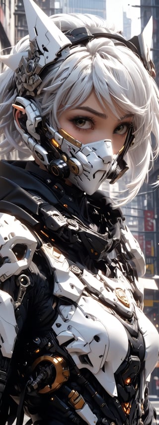 score_9, score_8_up, score_7_up, white hair,realistic skin texture, detailed anime, HD32k,1girl, solo, looking at viewer, short hair, bangs, mask, headgear, city battlefield, science fiction, covered mouth, mechanical ears, photography, closeup of face
