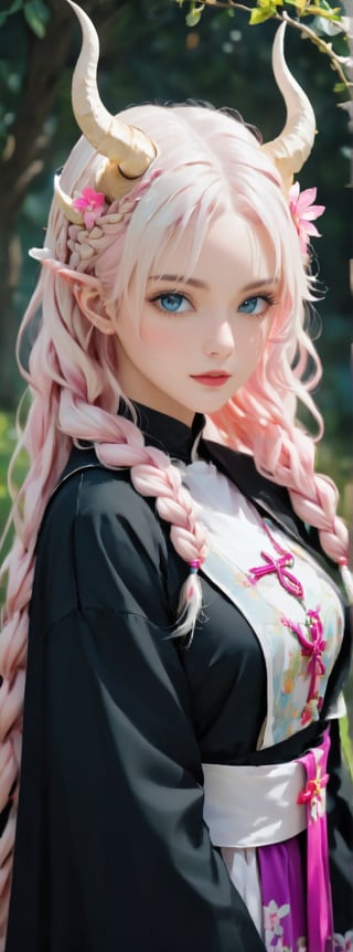 albino Demon Girl, (long intricate horns:1.2),Beautiful nordic girl, a nun adorned in a colorful and stunning floral-patterned habit,(pink wimple),((big natural breasts))
colorful scapulae,Cross,
Very long braided hair,colorful braided hair,radiating vibrancy and life.,Her attire exudes warmth and kindness, spreading serenity like a blooming garden. With elegant grace, ,mizuki shiranui,aesthetic portrait,ktrmkp,Realistic Blue Eyes,tlps,ct-niji2,FilmGirl