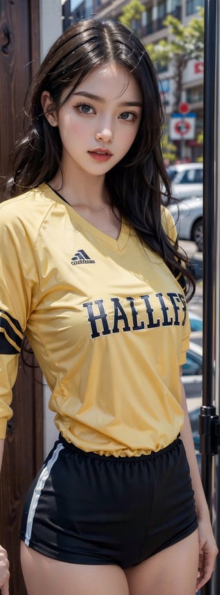 jet black hair, beautiful 1women, from san diego,((half body view)), california, wearing sports uniform,team name in golden written on shirt,masterpiece,highly detailed,Colorful portraits,sexy,seducing,leaning,medium breast,cleavage,chinese girls,best quality