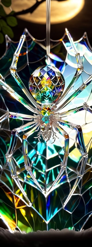 A beautiful crystal spider, hanging from its velvet thread, with colors of green, yellow and blue hues gleaming through from the sun rays.,glass art,more detail XL,BugCraft,DonMSp3ctr4lXL