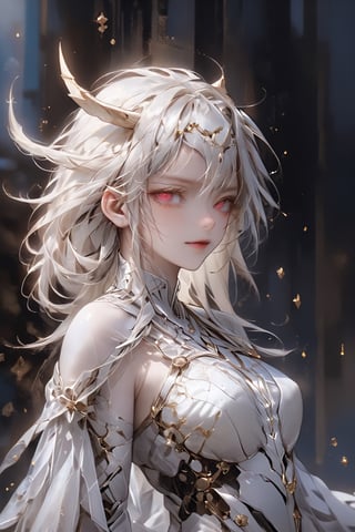 Aesthetics art,official art,big breasts,
(full body),(long intricate horns:1.2) ,albino Carved porcelain cyborg demons girl, Pure white long Pigtail hair,different full body modelposition with enchantingly beautiful, alabaster skin, A benevolent smile,girl has Beautiful deep red eyes,soft expression,Depth and Dimension in the Pupils, Her porcelain-like white cyborg skin reflects an almost celestial glow,
Wearing medieval Arabian dress with a white theme,The gown is crafted from luxurious white fabrics, adorned with intricate golden embroidery that weaves across the bodice and sleeves,modest yet elegant necklace, featuring delicate white lace that adds a touch of refinement,real_booster,aesthetic portrait,kafka,glass