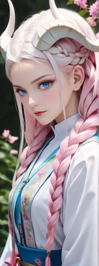 albino Demon Girl, (long intricate horns:1.2),Beautiful nordic girl, a nun adorned in a colorful and stunning floral-patterned habit,(pink wimple),
colorful scapulae,Cross,
Very long braided hair,colorful braided hair,radiating vibrancy and life.,Her attire exudes warmth and kindness, spreading serenity like a blooming garden. With elegant grace, ,mizuki shiranui,aesthetic portrait,ktrmkp,Realistic Blue Eyes,tlps,ct-niji2