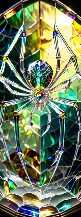 A beautiful crystal spider, hanging from its velvet thread, with colors of green, yellow and blue hues gleaming through from the sun rays.,glass art,more detail XL,BugCraft,DonMSp3ctr4lXL