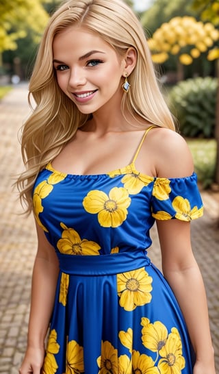 Beautiful young woman, blonde, smiling, (blue dress with yellow print), park, realistic