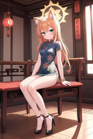 1girl, solo, long hair, smile,full-body shot
,simple background,cheongsam,Yellow green cheongsam,sitting, bench, cheongsam, looking at viewer, elevation, indoor, pendant, long hair, blush, whole body, bracelet, blue eyes, bangs, animal ears, thighs, small breasts, orange hair, halo, (blue Archives), Mary,Fashion cheongsam