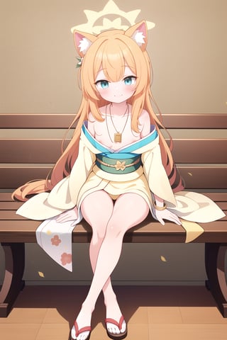 1girl, solo, long hair, smile,full-body shot
,simple background,yellow kimono,Yellow green kimono
,sitting, bench, yellow kimono, looking at viewer, elevation, indoor, pendant, long hair, blush, whole body, bracelet, blue eyes, bangs, animal ears, thighs, small breasts, orange hair, halo, (blue Archives), Mary,