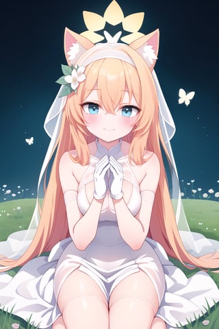 1girl, solo, long hair, breasts,heart hands, heart hands duo,Half-length photo,looking at viewer, blush, smile, bangs, blue eyes, simple background, hair ornament, gloves, white background, dress, ribbon, animal ears, hair between eyes, bare shoulders, jewelry, sitting, closed mouth,flower, sleeveless, elbow gloves, cat ears, white gloves, hair flower, white dress, orange hair,animal ear fluff, rose, halo, grass,white flower, butterfly, veil, pink flower, blue flower,wedding dress, yellow flower, purple flower, bridal veil, white rose, pink rose, blue butterfly, mari \(blue archive\)