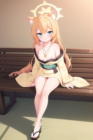 1girl, solo, long hair, smile,full-body shot
,simple background,yellow kimono,Yellow green kimono
,sitting, bench, yellow kimono, looking at viewer, elevation, indoor, pendant, long hair, blush, whole body, bracelet, blue eyes, bangs, animal ears, thighs, small breasts, orange hair, halo, (blue Archives), Mary,