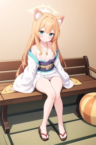 1girl, solo, long hair, smile,full-body shot
,simple background,yellow kimono,Yellow green kimono
,sitting, bench, yellow kimono, looking at viewer, elevation, indoor, pendant, long hair, blush, whole body, bracelet, blue eyes, bangs, animal ears, thighs, small breasts, orange hair, halo, (blue Archives), Mary,