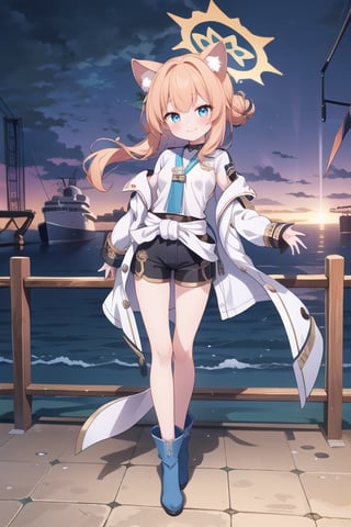 1 girl,
All-white military uniform, all-white shirt, medal, white tight shorts, background next to the port, pier, navy sword hanging on the waist, daytime, looking at the audience, full body photo, white boots, background of the ship,
,Elegant,shy,charming, sexy, Bracelets,bun,smile,blush, blue eyes,bangs, animal ears, thighs, small breasts, orange hair,halo, habits,mari (blue archive)