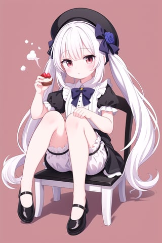 1girl, solo, long hair, looking at viewer,Dessert cabinet background, white hair,bangs,Poker face,wooden tables and chairs,skirt, simple background, shirt, red eyes, hat, bow, holding, sitting, very long hair, underwear,full body, white shirt, flower, short sleeves, detached sleeves, food, shoes, puffy sleeves, grey background, black footwear, black headwear,low twintails, holding food, knees up,blue flower, bloomers,white bloomers,outline