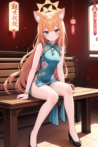 1girl, solo, long hair, smile,full-body shot
,simple background,cheongsam,Yellow green cheongsam,sitting, bench, cheongsam, looking at viewer, elevation, indoor, pendant, long hair, blush, whole body, bracelet, blue eyes, bangs, animal ears, thighs, small breasts, orange hair, halo, (blue Archives), Mary,Fashion cheongsam