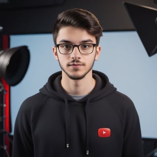 Portrait of a 20 year old young man with dark hair and small beard, wearing glasses and a dark hoodie, in a YouTube studio room. A man looks into the camera.