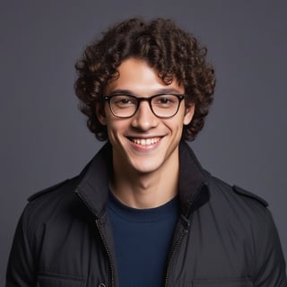 Portrait of a young man with curly dark hair, wearing glasses and a dark jacket. A smiling man looks into the camera.