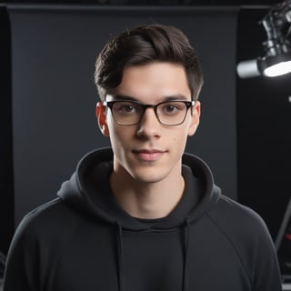 Portrait of a young man with dark hair, wearing glasses and a dark hoodie, in a YouTube studio room. A man looks into the camera.