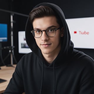 Portrait of a young man with dark hair, wearing glasses and a dark hoodie, in a YouTube studio room. A man looks into the camera.