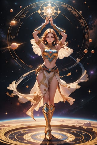 Generate a super exquisite image of a magical female warrior (supermodel). She stands on the magic circle of a six-pointed star, with her hands raised to cast strong magic, space background, magic special effects, light particles,Illustration,portrait,Fantasy,DonMM4g1c