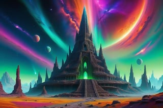 A cosmic landscape scene of an alien world with vivid rich colors and ancient alien temple ruins, colorful world, crazy auroras in star filled sky, skeletal spires spiraling, psychedelic colorscape, cosmic creatures, best quality, perfect detail, vivid color saturation, masterpiece, absurdres, Psychedelic alien worlds, sprawling cosmic colorscapes ,Psychedelic alien worlds 