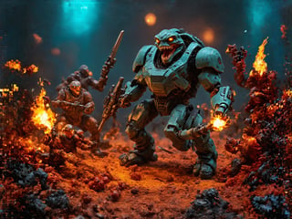 an intense epic mid battle in combat scene of a small squad of exosuit wearing futuristic soldiers with advanced weaponry and heavy suits of space armor similar to space marine, fighting back a giant hoarde of invading alien creatures, and attacking mutated monsters, maddening cosmic creature horrors, terrifying trippy extraterrestrial abominations, vile deformed ooze monsters, blobs of poisonous slime, giant sharo fanged multi eyed beasts, all manner of evil demented twisted otherworldy creature is overrunning the last defense outpost and this small squad of super soldier marine troopers is holding the line with their flamethrowers and miniguns and laser weapons and chainsaw swords and such, it is a vivid intense epic cinematic wartorn masterpiece of stop motion claymation animation action figurine type diorama display aesthetic look grandiose and vast crowded complex composition, Claymutation