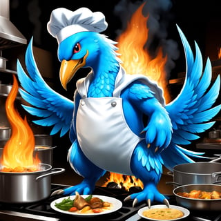 A digital comic art style image that depicts the legendary ice pokemon articuno in an anthropomorphic style working a dead end mundane nine to five job as a line cook in a restaurant, the most unlikely of places as this humanoid comic cartoon articuno is surrounded by boiling pots and open flames on a sautee station, a look of frustration and defeat on his face, somehow going from legendary pokemon status to being a miserable lowly sautee cook surrounded by lots of heat which is articuno's weakness, showcasing the bizarre irony of being in such a situation as well as showcasing the depressing hilarity of such an absurd situation, vivid intricate elaborate fantastical detail, ultra-detailed, rich colors, best quality, (anthropomorphic humanoid comical realistic style make articuno into a humanoid wearing chef uniform)