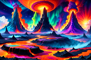 A cosmic landscape scene of an alien melty ooze magma slime geyser ooze volcano magical world, vivid rich colors, ancient abandoned unkown alien ruins, colorful goo slime ooze inferno world, close in orbit to a giant crazy star, crazy psychedelic auroras in star filled twilight sky, gushing goo geysers, flowing melty magma ooze rivers, huge looming slime spouting volcanic structures that defy comprehension, psychedelic colorscape, best quality, perfect detail, vivid color saturation, masterpiece, absurdres, Psychedelic alien worlds, sprawling cosmic colorscapes, ultra-detailed, intricate, elaborate, vivid, radiant, vibrant, smooth, no humans, partially anatomic ooze planet,Psychedelic alien worlds ,Sprawling cosmic colorscapes 