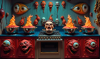 A giant stove with like 30 burner eyes on it in an insane surreal horrifying creepy creature kitchen, each stove eye has a stock pot on it cooking, in each pot is a different kind of creature or alien or persons severed head, floating in the steaming boiling stock, each head is still alive and screaming in agony, the facial expressions of pain and fear are vivid and unforgettable,  this is a really strange scary surreal Precisionistic hyper exaggerated realism depiction with no context of 30 different heads in 30 different stock pots on 30 eye stove all being boiled alive insanely and vividly, let the madness and bizarre terror commence